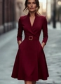 Detailed close-up of wine red long sleeve dress with waist belt and side pockets - S / Burgundy
