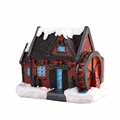Christmas resin house with snow roof, brown walls and orange waterwheel decoration - Medium E-Waterwheel Theme House