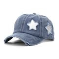 Navy blue washed denim baseball cap with silver star patch and distressed vintage details - Navy Blue