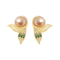 Golden mermaid tail earrings with pink pearls and colorful gemstone inlay designs - Pink Bead Multicolor Gem Fish Tail Earrings (KC Gold WG-0040)