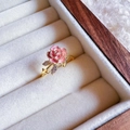 Elegant gold bow ring with pink enamel rose and zircon inlay in a jewelry box - J4967-Pink Rose Flower