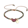 Handmade woven bracelet with 4mm green stone beads and a sparkling pink crescent moon charm - Crescent Moon / Unakite