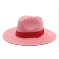 Cappello Panama in paglia rosa con nastro di raso rosso per protezione solare elegante - Stile Nastro / Rosa Antico