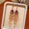 Detail of vintage style bow tassel earrings with amber teardrop stones in a gift box - 44# Gold Colorful Bead Tassel Studs