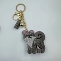 Cute Shiba Inu dog keychain with grey and silver rhinestones, gold tassel, and bell charm - Gray