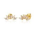 Macro detail of gold fan-shaped stud earrings with clear marquise-cut zircon stones - Crown Fan Style