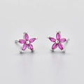 Elegant five-petal flower stud earrings with marquise-cut pink zirconia in silver setting - Platinum Red Rhinestone