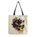 Close-up of canvas tote bag featuring watercolor skull and colorful butterfly print - Colorful Ink Style Skull and Butterfly Pattern (hm6670)