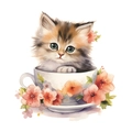 Adesivo murale impermeabile con gatto carino in tazza di fiori, design acquerello - Gatto Grigio Marrone (fun-m34)