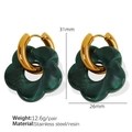 Fashionable green resin flower earrings with gold stainless steel hoops for women - Dark Green