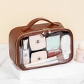 Beauty case marrone trasparente in PVC con finiture in pelle e grande capacità - Grande / Marrone
