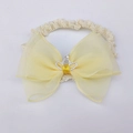 Detail of yellow lace baby headband with large mesh bow and silver crown rhinestone - Crown S-Style / Lemon Yellow
