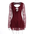 Abito sexy in pizzo bordeaux a maniche lunghe con dettagli di lacci incrociati - S / Borgogna