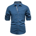 Detailed view of navy blue cotton shirt texture with contrasting wood-style buttons - 2XL / Denim Blue