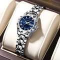 Women's quartz watch with silver diamond-cut band, blue dial and date display - Silver Band Blue Dial Women