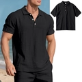 Primer plano de polo negro transpirable de lino con cuello de tres botones y textura de punto - S / Negro