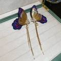 Macro shot of butterfly embroidery earrings with long gold tassels and zircon inlays - 30# Silver Pin Gold Embroidered Purple Butterfly Tassel