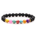 Detail view of 8mm lava stone beads and colorful chakra stones with golden spacers - Imperial Jasper