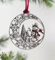 Detailed view of a metal Christmas tree ornament with snowman, reindeer and red ribbon - Snowman Animals