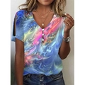 Women's summer V-neck tie-dye short sleeve T-shirt with hollow-out sleeve design - S / Blue