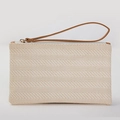Detailed view of the woven texture and dark brown leather wristlet strap on a cream bag - Off-White Pattern
