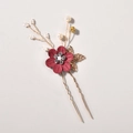 Exquisite bridal hair pin featuring red flowers, gold leaves and delicate faux pearls - 1-Flower Hairpin / Red