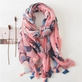 Pink bohemian floral cotton linen scarf with blue tassels and artistic flower print - SL2006-032 (Pink Dark Blue Impressionist Floral)