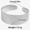 Hammered stainless steel cuff bracelet detail showing 5.6cm diameter and 2.1cm width dimensions - Steel