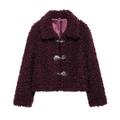 Women's burgundy faux shearling jacket with stylish metal buckles and cozy texture - XS / Burgundy