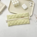 Pastel green quilted pencil case with minimalist diamond stitching and soft handle - Bright yellow