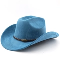 Detail eines dunkelblauen Cowboyhuts aus Wildleder mit Lederband und Metall-Stier-Emblem - M(56-58cm) / Seeblau