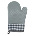 Gray silicone oven mitt with diamond anti-slip texture and black-white plaid fabric cuff - Black White Grid