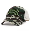 Close-up of distressed camouflage mesh baseball cap with American flag embroidery - Adjustable / Yellow Green Camouflage