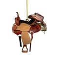 Detailed view of Western cowboy saddle and hat car mirror pendant with leather textures - Style 2 (Saddle with Hat and Log)