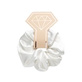 Close-up of white satin scrunchie with elegant rose gold diamond-ring shaped card - With Card / White