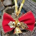 Christmas bow decoration with red velvet ribbon, gold leaves, and small bell for pets - Style 34-Red Velvet Gold Leaf Lanyard Bell