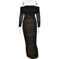 Detail showing the sheer mesh ruched texture and off-shoulder design of this bodycon dress - S / Black