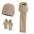 Three-piece winter knit set in khaki, including hat, scarf, and touchscreen gloves - 3-Piece Set (Hat+Scarf+Gloves) / Mixed Khaki