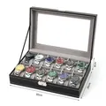12-Slot black leather watch display case with glass window and white stitching - 12-Slot Black/Grey Interior