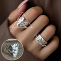 Liquid silver style ring set featuring a heart shape and irregular molten lava textures - 3D Heart/Concave-Convex Texture