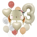 Detail van 3e verjaardag ballonset met konijn folieballon en hartaccenten - Konijn en Nummer 3