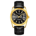 Fashionable quartz couple watch with black leather strap and gold case including calendar - Black Strap Gold Case Black Dial Men's