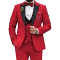 Men's red three-piece suit with black peak lapel for weddings and formal banquets - XXS / Red