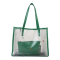 Transparent PVC tote bag with green leather trim and colorful rhinestone embellishments - Green