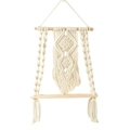 Handmade cream-white macrame wall shelf with bohemian woven patterns and wooden plank - Off-White Style E