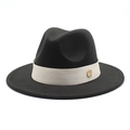 Detail of wool felt fedora hat featuring a beige ribbon band and gold metal logo - M (56-58cm) / Black