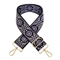 Close-up of ethnic jacquard strap with purple floral embroidery and gold metal hardware - Black Purple Floral