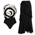 Elegant black swimsuit with white 3D floral accent and layered ruffle maxi skirt - S / Black Set (Ruffle Skirt)