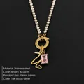 14K gold plated stainless steel tennis necklace with letter Z and pink crystal pendant - Letter U