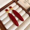 Detail of red teardrop tassel earrings with gold edging in a vintage wooden jewelry box - 109# Vintage Enamel Long Drop / Red/Gold
